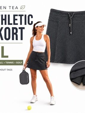 Green Tea Gray Athletic Skort Pickleball Tennis Golf Skirt w/ Built-In Shorts